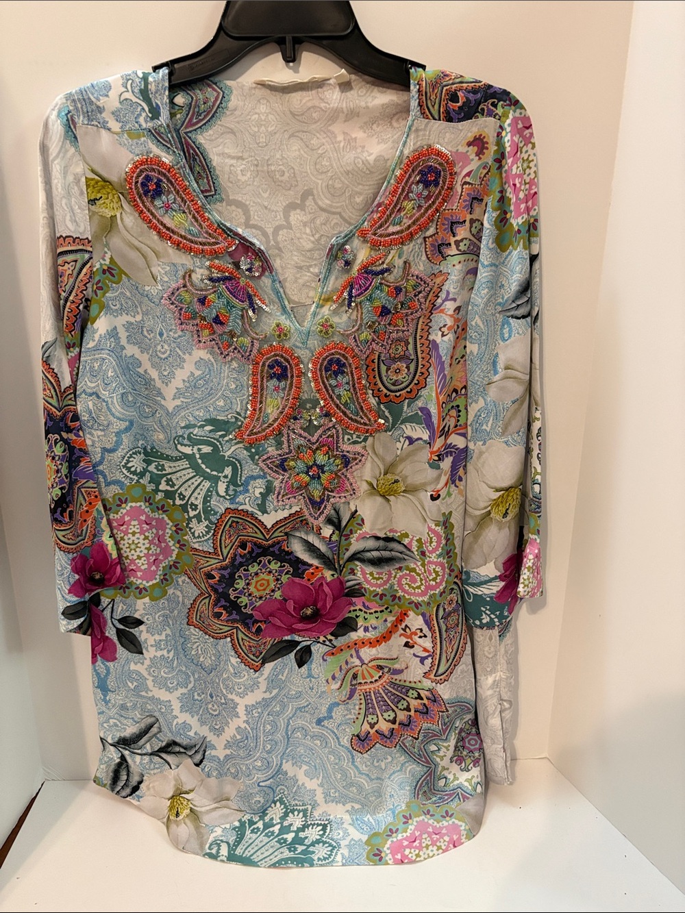 Soft Surroundings Paisley & Floral V-Neck Tunic in Teal, Pink, Purple